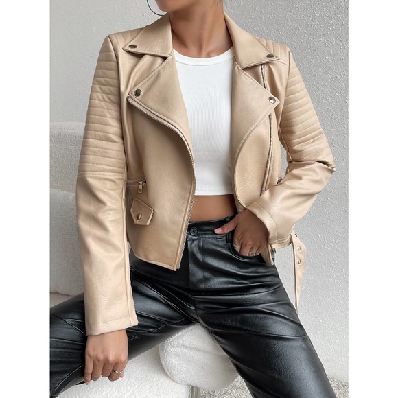 Lapel Collar Belted Zip Up vegan leather Moto Jacket black - Picture 7 of 11